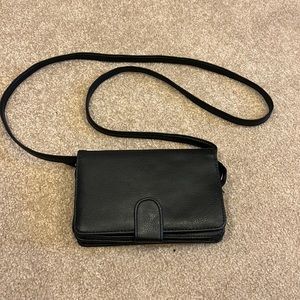 Black leather multi compartment shoulder strap purse